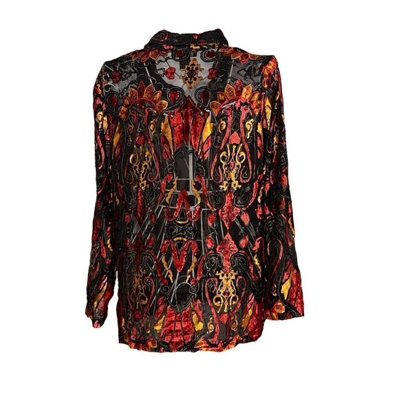 Beautiful women NYPL Button Up Sheer Floral Red Blouse Rayon size medium Long Sl - Picture 6 of 8